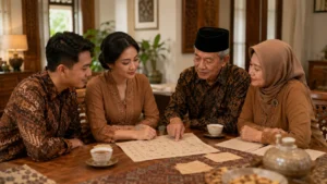 Keluarga Jawa berdiskusi tentang cek jodoh weton dengan suasana tenang dan penuh pertimbangan