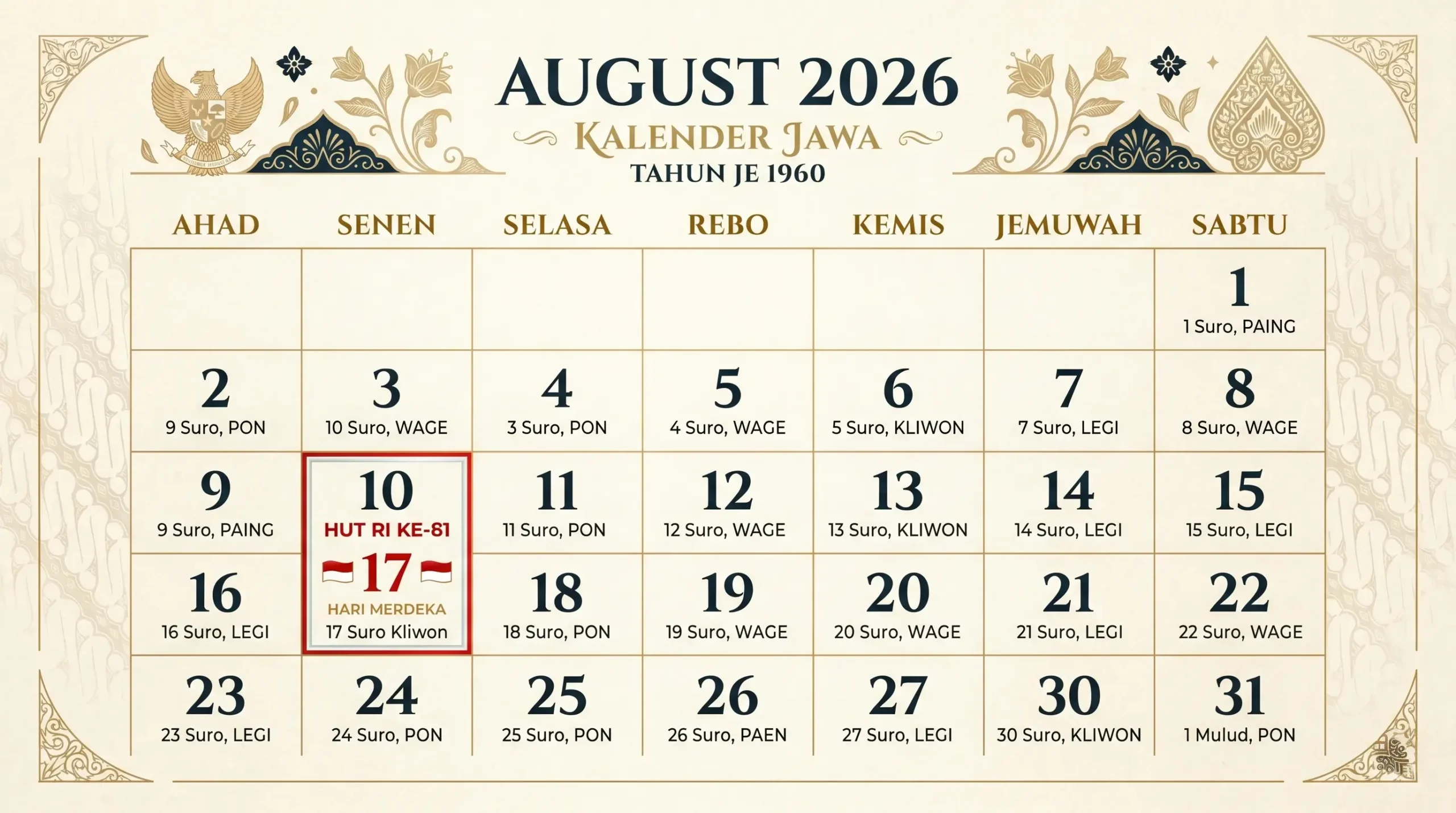 Kalender Jawa Agustus 2026 lengkap dengan weton pasaran wuku dan neptu
