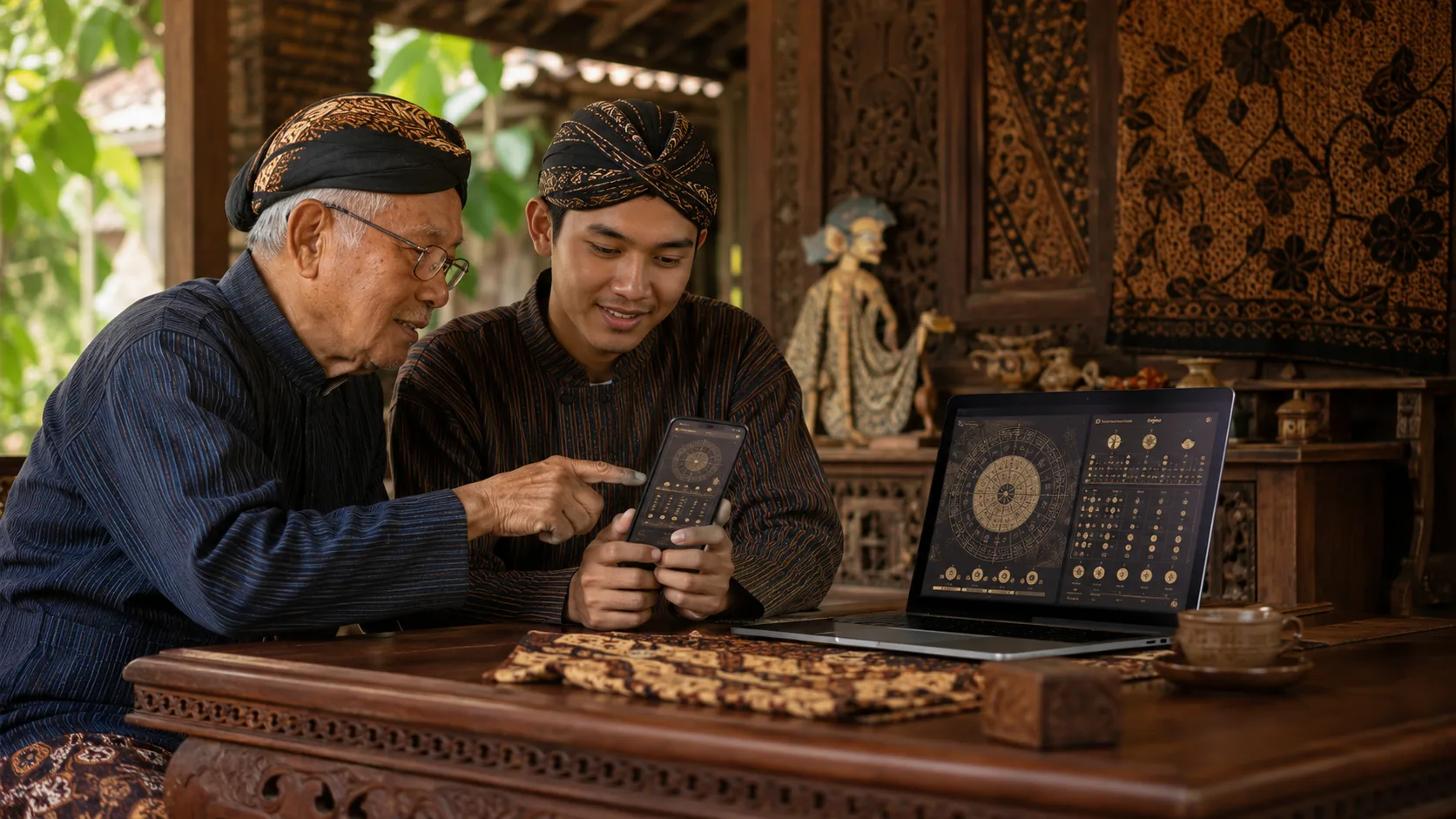 Kalender Jawa digital dengan suasana belajar pasaran weton dan wuku di ruang bernuansa Jawa