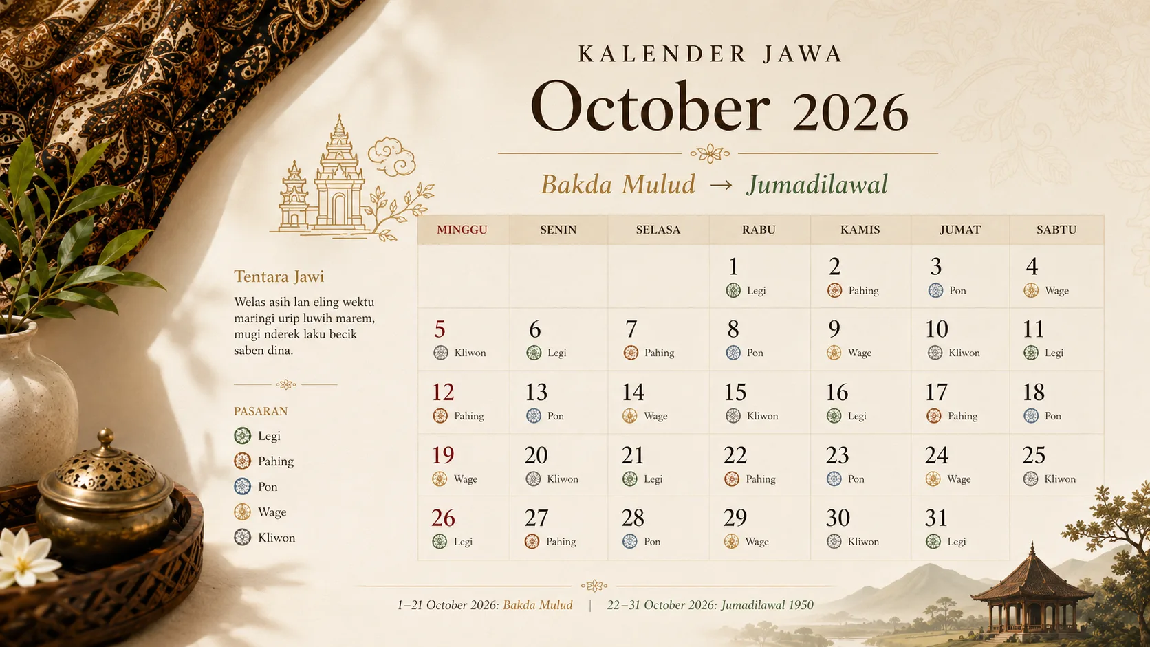Kalender Jawa Oktober 2026 lengkap dengan weton pasaran wuku dan neptu