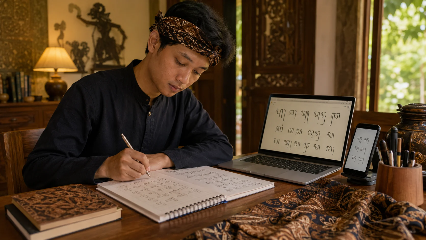 Pembelajar muda menulis Aksara Jawa di buku sambil menggunakan laptop dan ponsel di ruang belajar bernuansa Jawa
