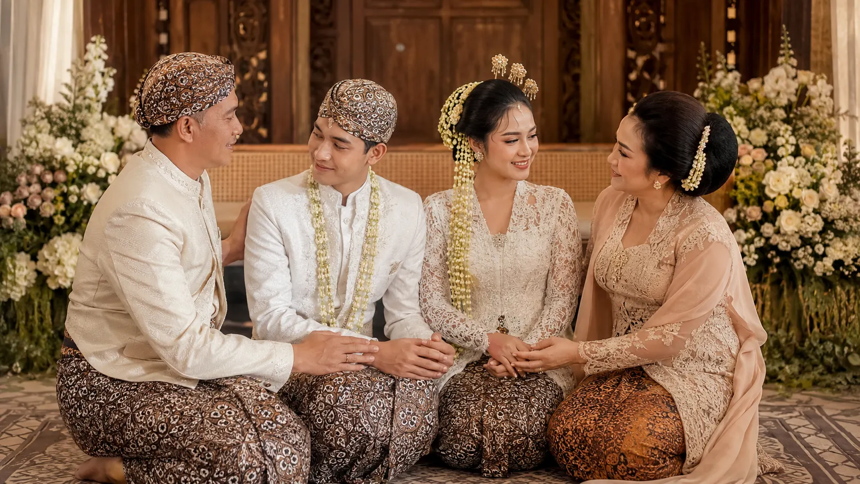 Ilustrasi pernikahan adat Sunda dengan keluarga yang hangat dan suasana budaya yang lembut