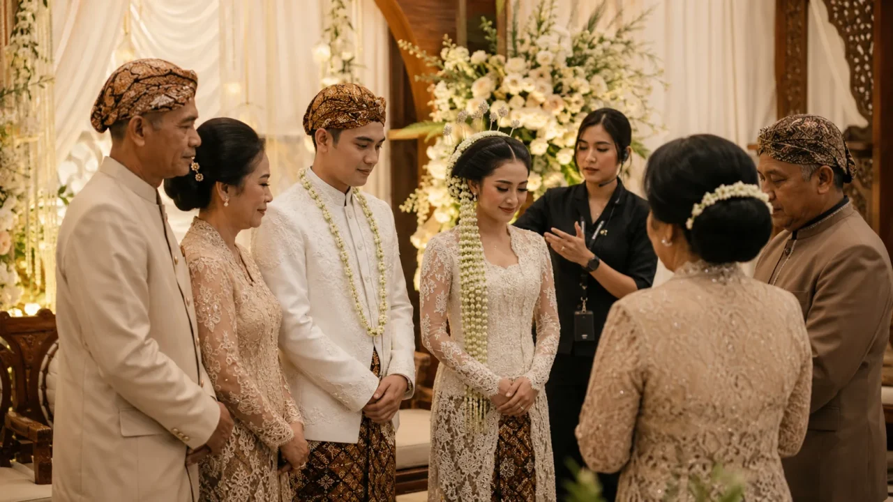 Ilustrasi pernikahan Sunda modern yang haneut dengan keluarga dan dekorasi elegan