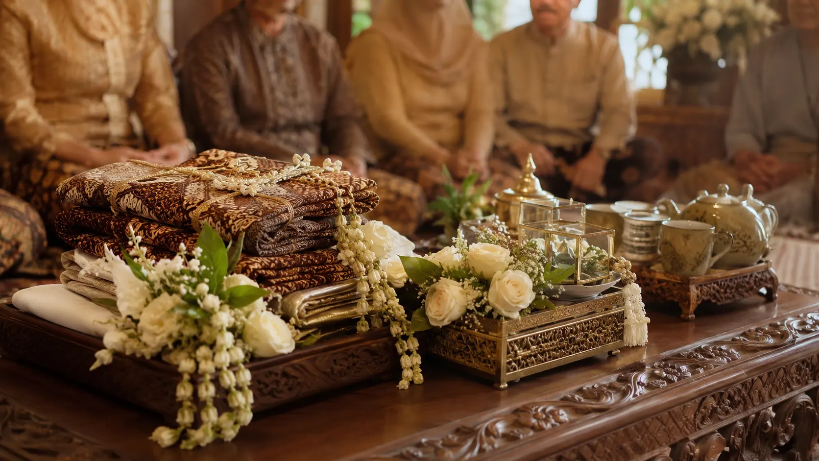 Ilustrasi seserahan dan sawer dalam pernikahan adat Sunda dengan nuansa keluarga yang hangat