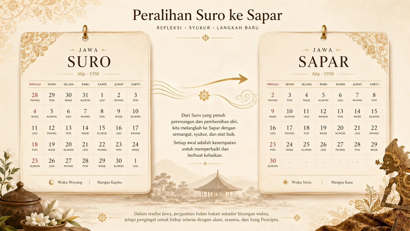 Peralihan bulan Suro ke Sapar dalam Kalender Jawa Juli 2026