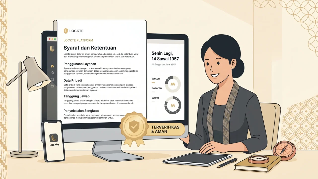 Modern editorial illustration for Lockte terms and conditions page, clean legal trust page, digital document, Javanese calendar interface, warm cream background, charcoal and soft gold accents, professional Indonesian cultural technology style, calm trustworthy atmosphere, no mystical fantasy, no crowded ornaments