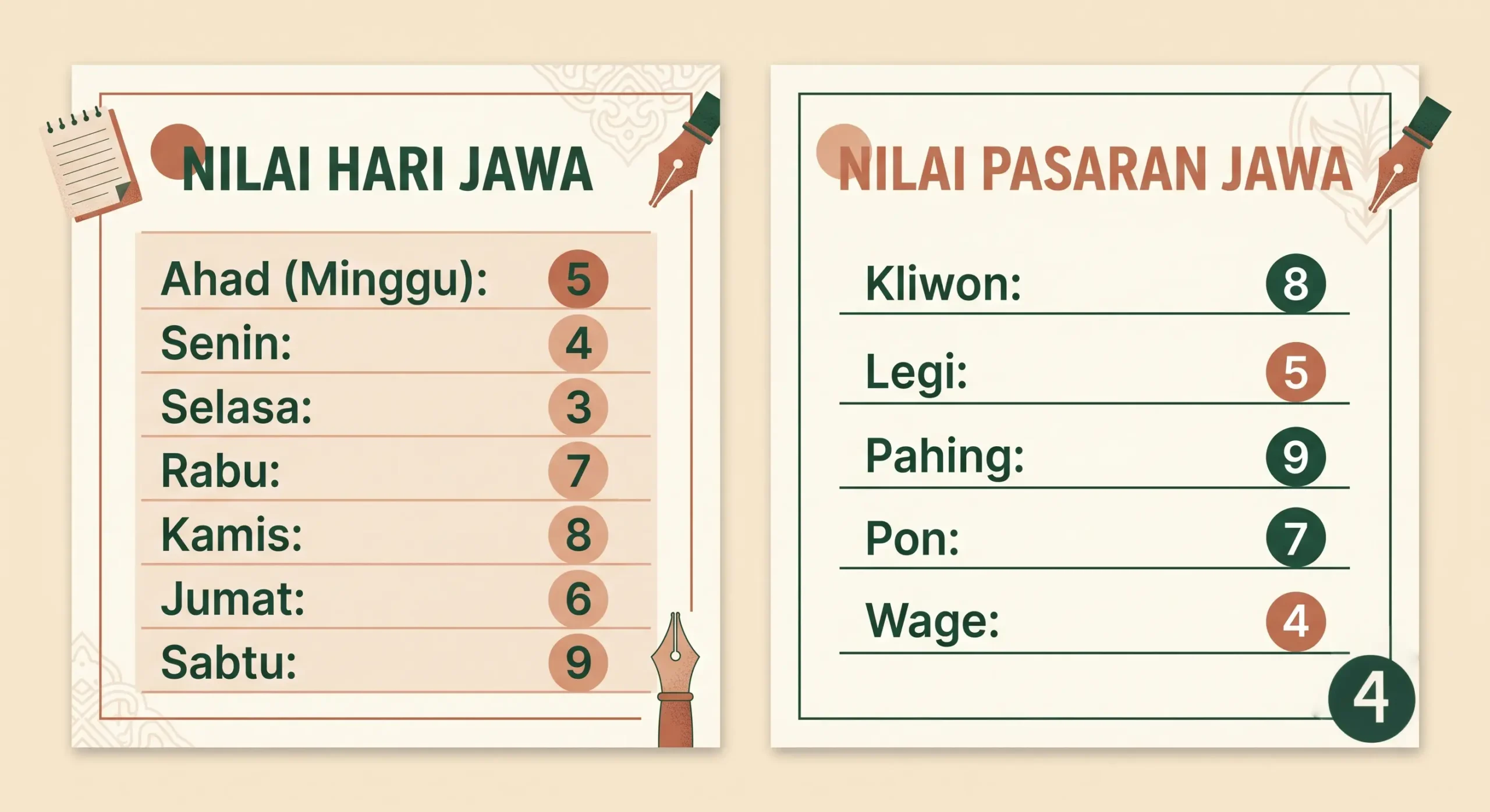 Tabel nilai hari dan pasaran Jawa untuk menghitung neptu